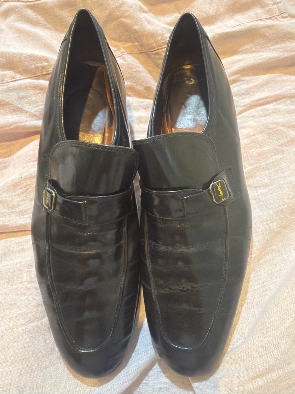 Yves Saint Laurent Black Leather Slip-On Loafers with Gold Accent